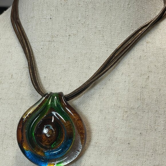 Vintage Fairy Core Green Brown Blue Glass Spiral Corded Pendant Necklace Choker - Picture 3 of 10